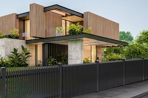 Außergewöhnlicher Gartenzaun aus Aluminium in anthrazit vor einem modernen Holzhaus mit Design