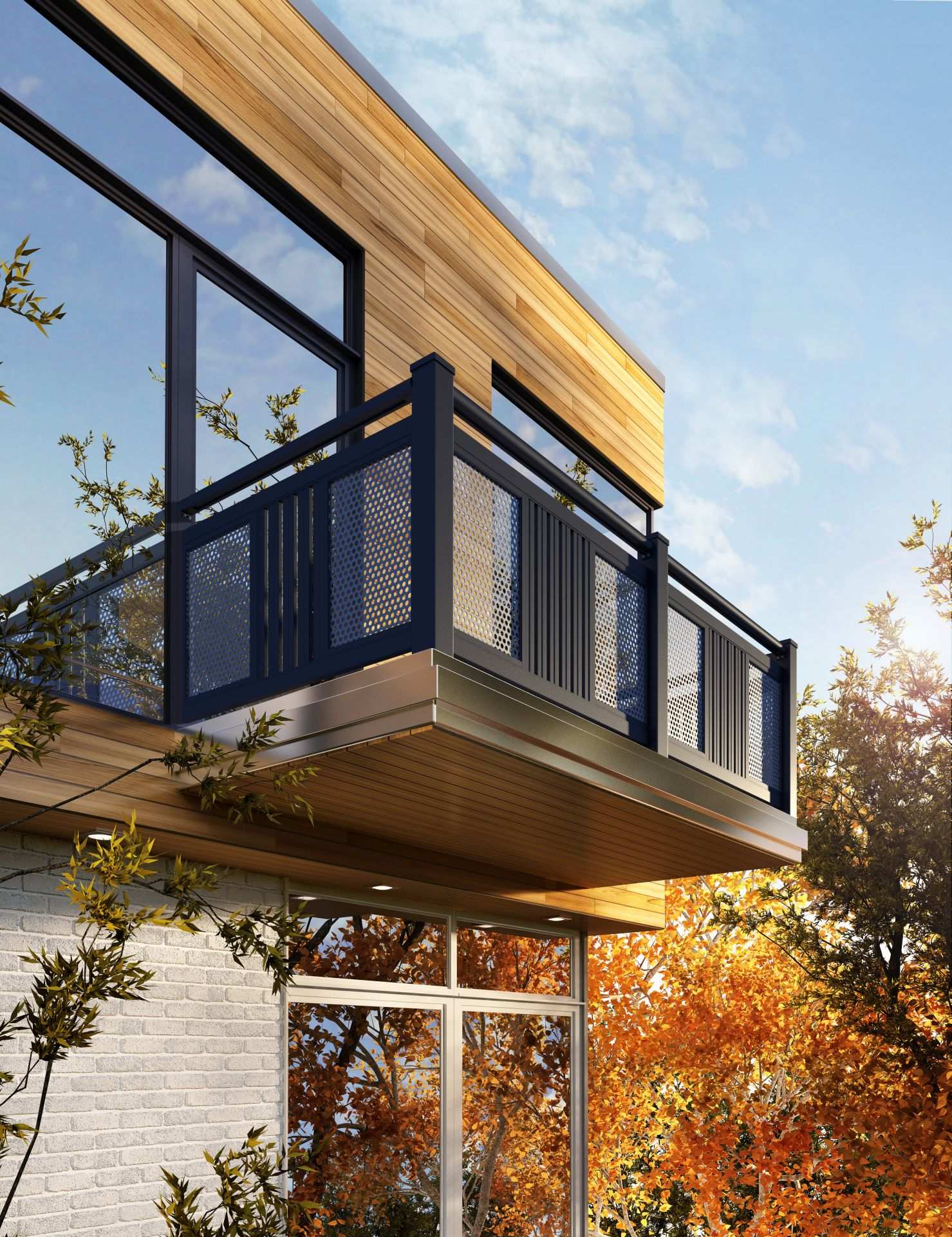 Balkongeländer von mit dem Modell Sölden in anthrazit, montiert ist der Balkon auf einem modernen Holzhaus